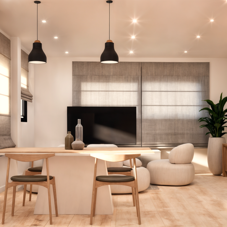Sala de estar moderna con muebles cómodos, iluminación suave y una planta decorativa.